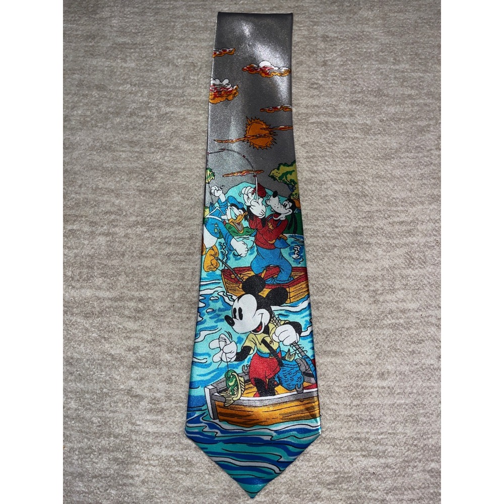 Disney Mickey Mouse Donald Duck Goofy Fishing Necktie Blue Grey Novelty Silk Tie